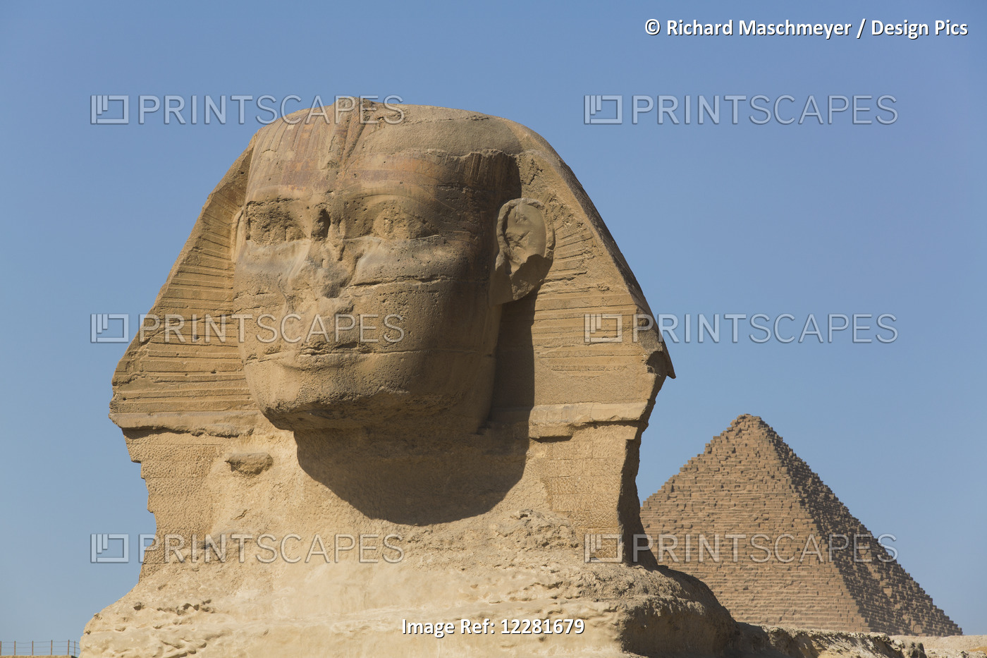 Sphinx (Foreground), Pyramid Of Mycerinus (Background), The Giza Pyramids; ...