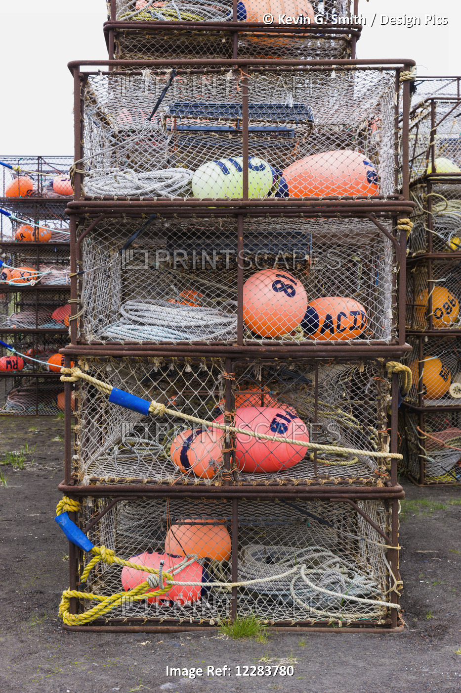 Crab Pots And Bouys Stacked On Shore, St. Paul Harbor, St. Paul Island, ...
