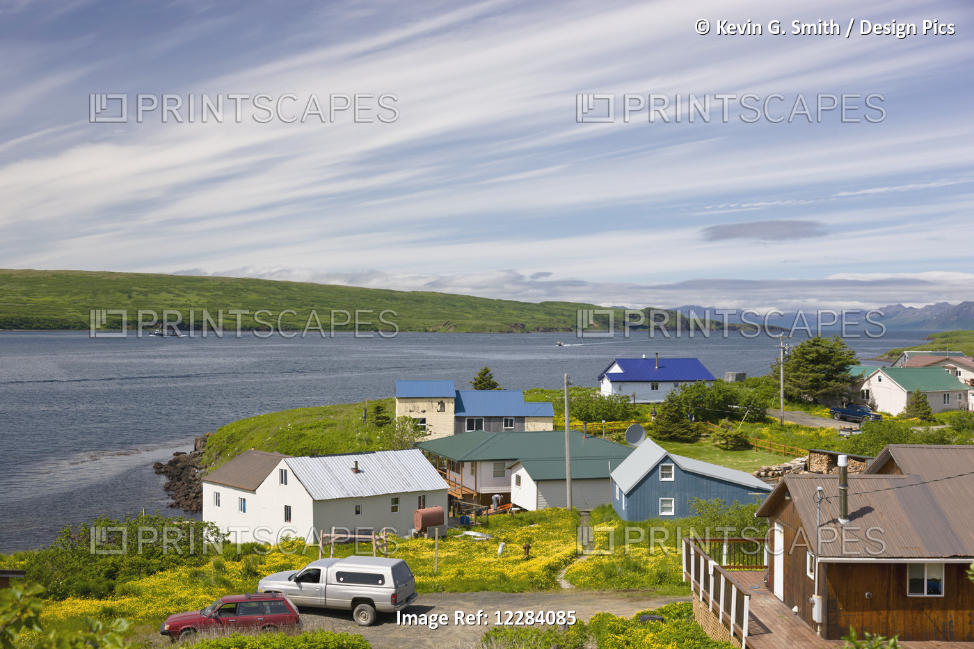 Residential Homes Along The Coast, Sand Point, Southwestern Alaska, USA, Summer