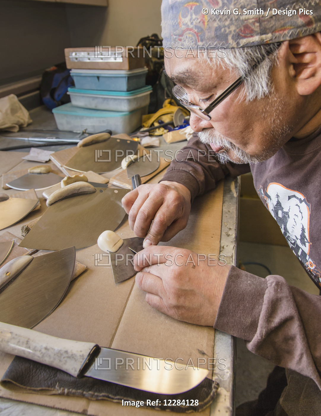 Male Native Artist Making An Ulu, Inupiat Heritage Center, Barrow, North Slope, ...