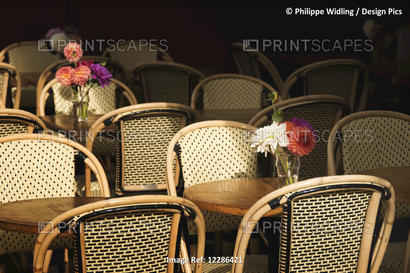 A Bouquet Of Flowers Amongst Empty Parisian Bistro Chairs And Tables; Paris, ...