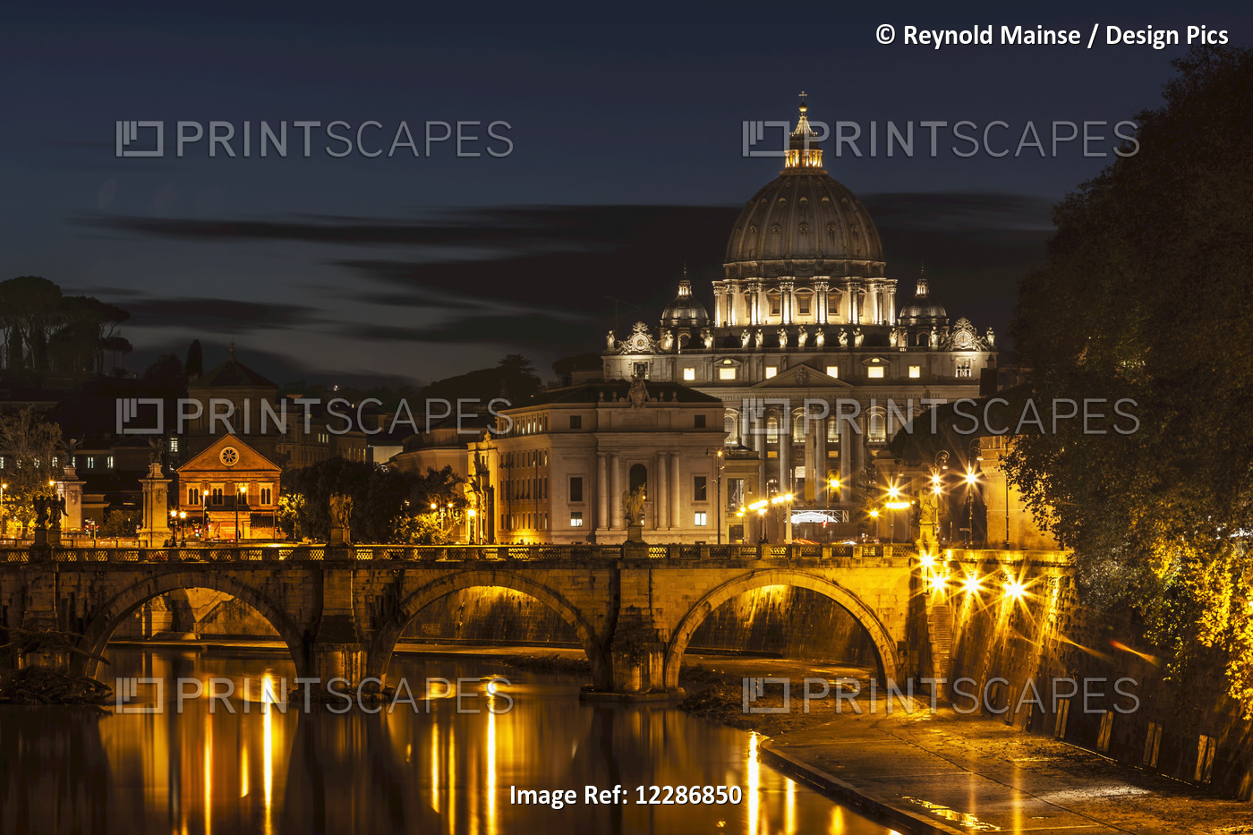 Saint Peter's Basilica, The World's Largest Church, At Nighttime; Vatican City, ...