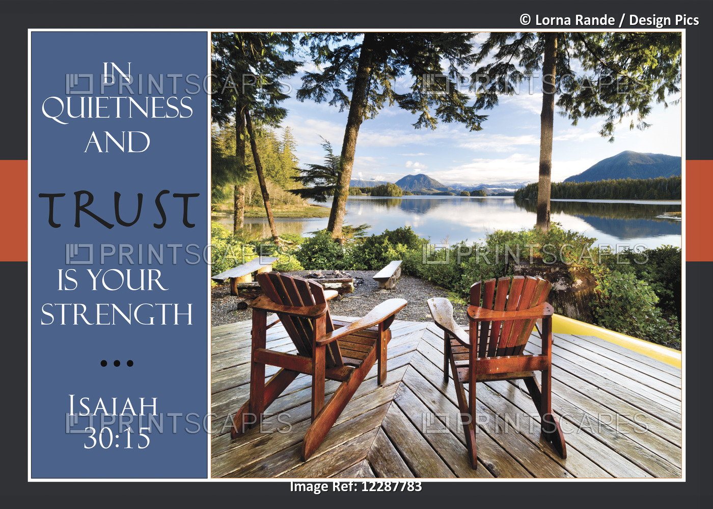 Two Adirondack Chairs On A Deck Looking Out Over Jensen Bay, With A Scripture ...