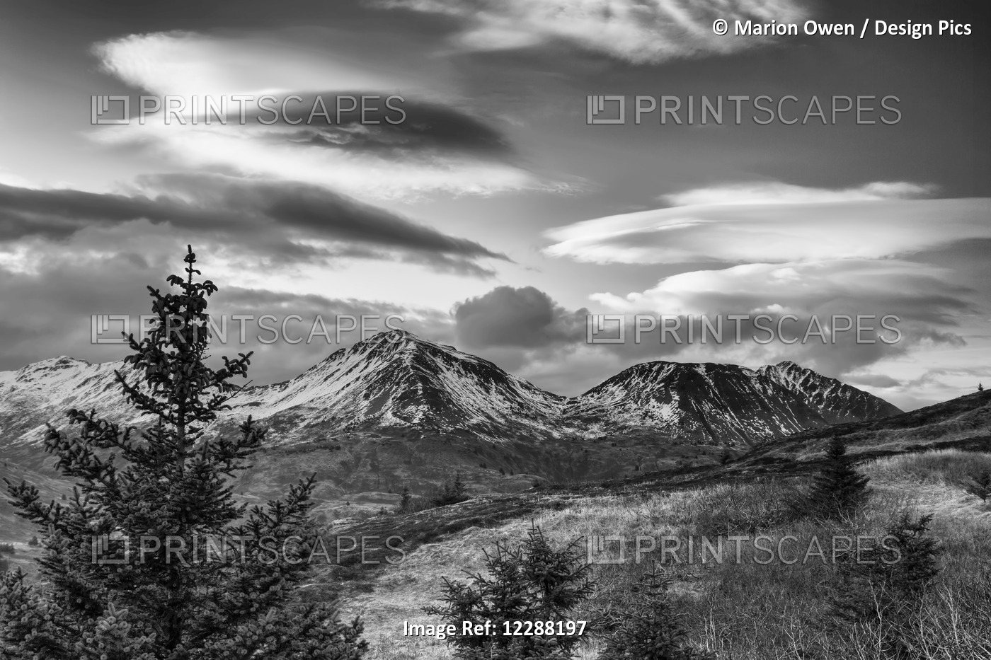 Black And White Photo Of Lenticular Clouds Over The Three Sisters Mountains, ...