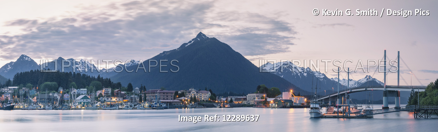 Downtown Sitka And The O'connell Bridge At Sunset With The Sisters Mountains In ...