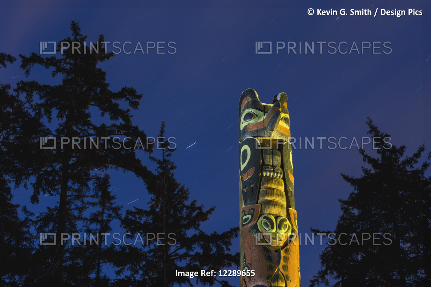 A Large Totem Pole Lit Up At Night In Sitka National Historic Park With Star ...