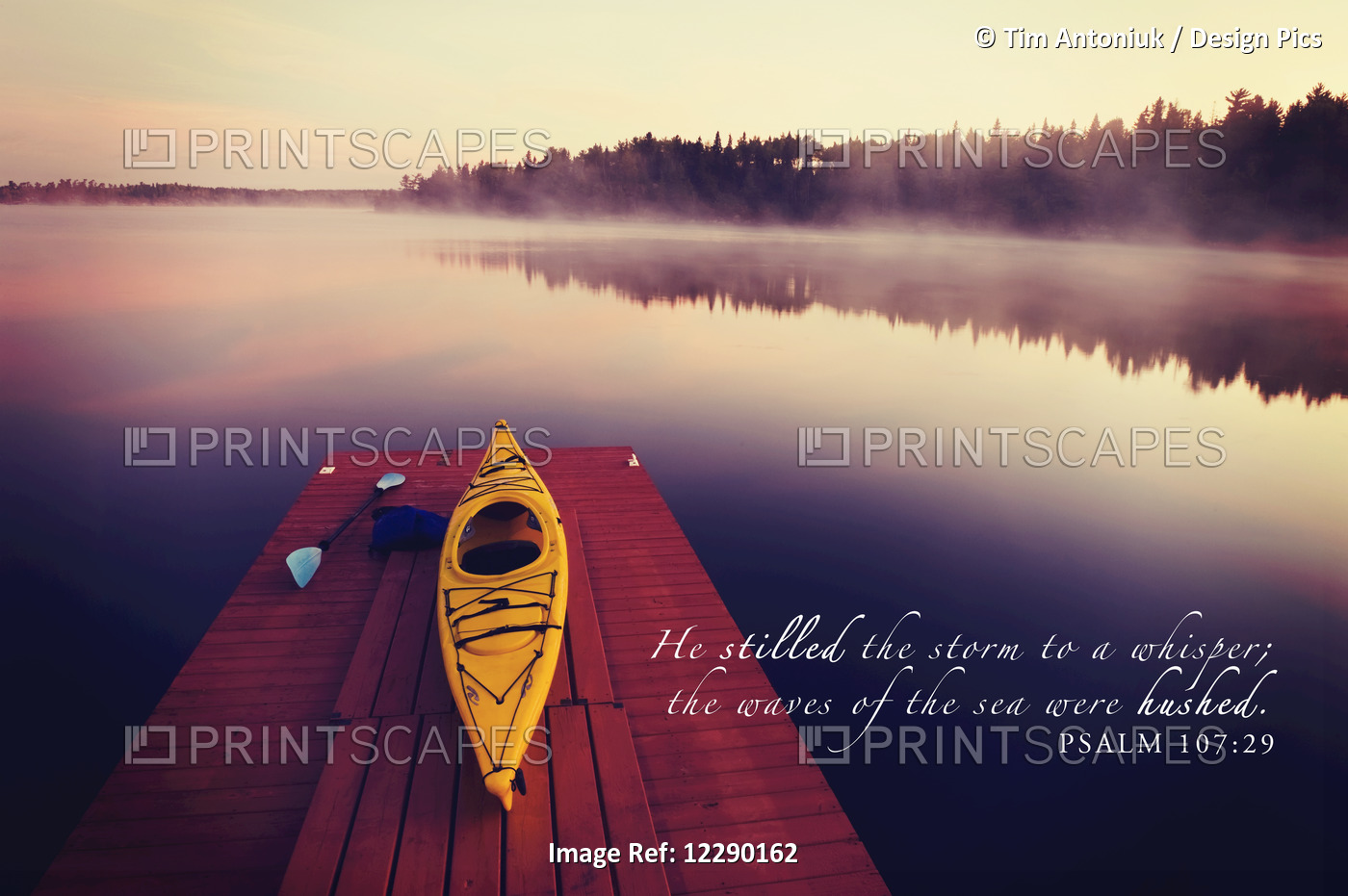 Image Of A Tranquil Lake And Fog With A Kayak On A Wooden Dock And Scripture ...