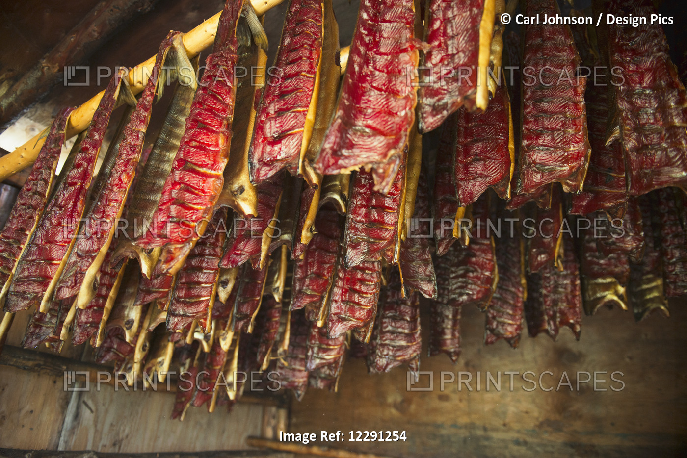 Sockeye Salmon Hang To Dry In A Smoke House At A Fish Camp At The Headwaters Of ...