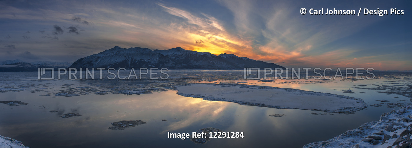 Sheets Of Ice Being Carried Out With Outgoing Tide On Turnagain Arm At Sunset, ...