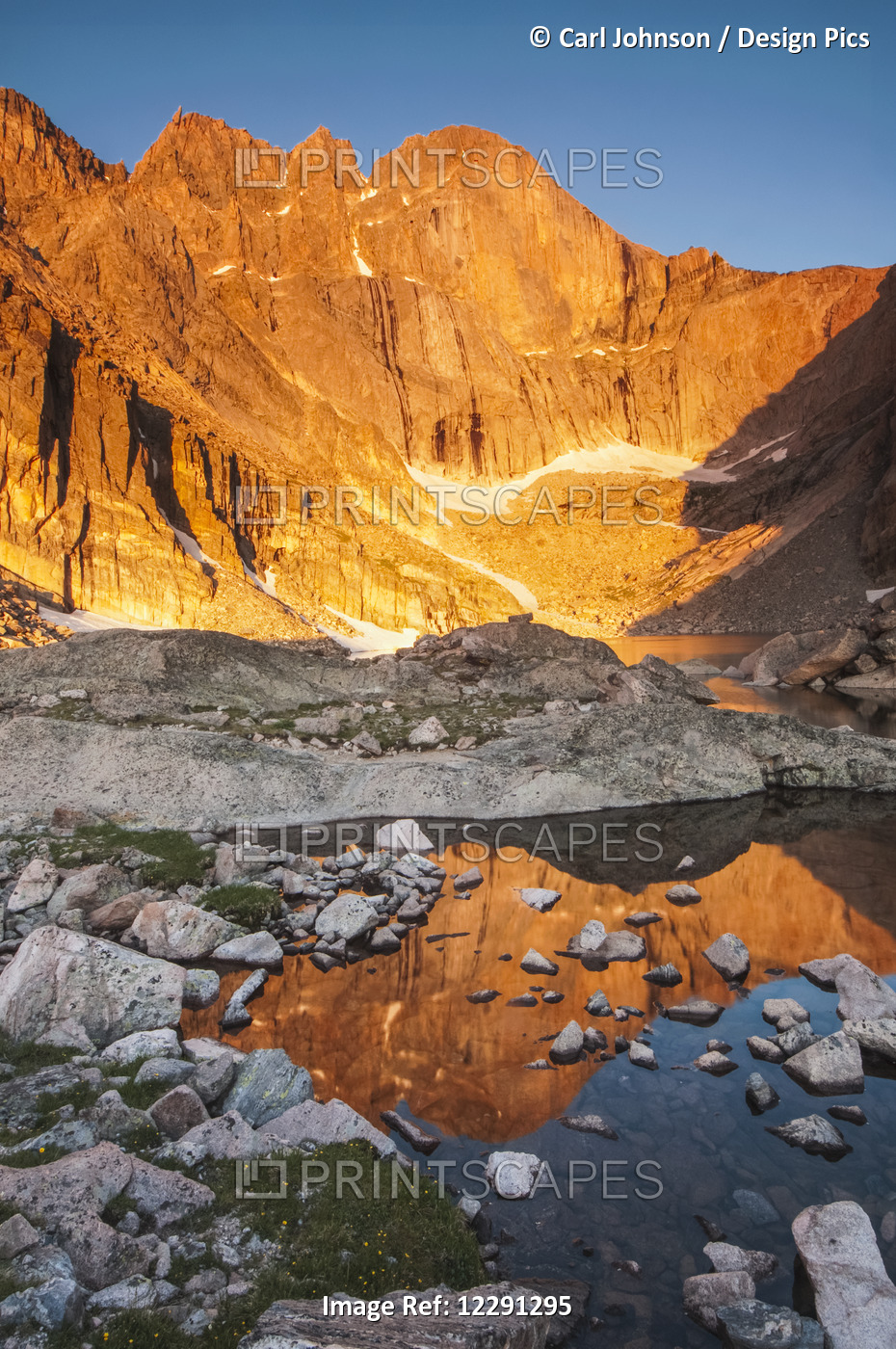 First Light On Long's Peak At Chasm Lake In Rocky Mountain National Park; ...