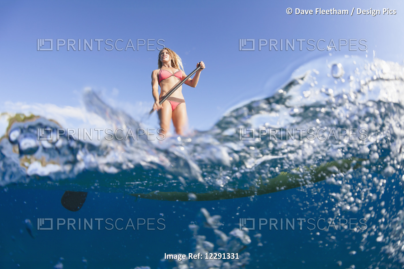 Surf Instructor On A Stand-Up Paddle Board Off Canoe Beach; Maui, Hawaii, ...