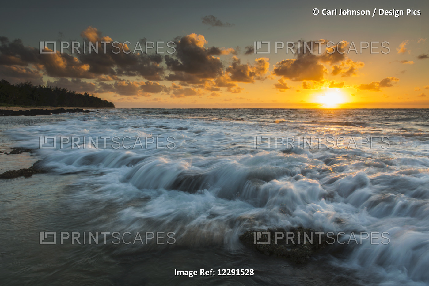 Sunrise And Surf On The East Coast Of Kauai; Kauai, Hawaii, United States Of ...
