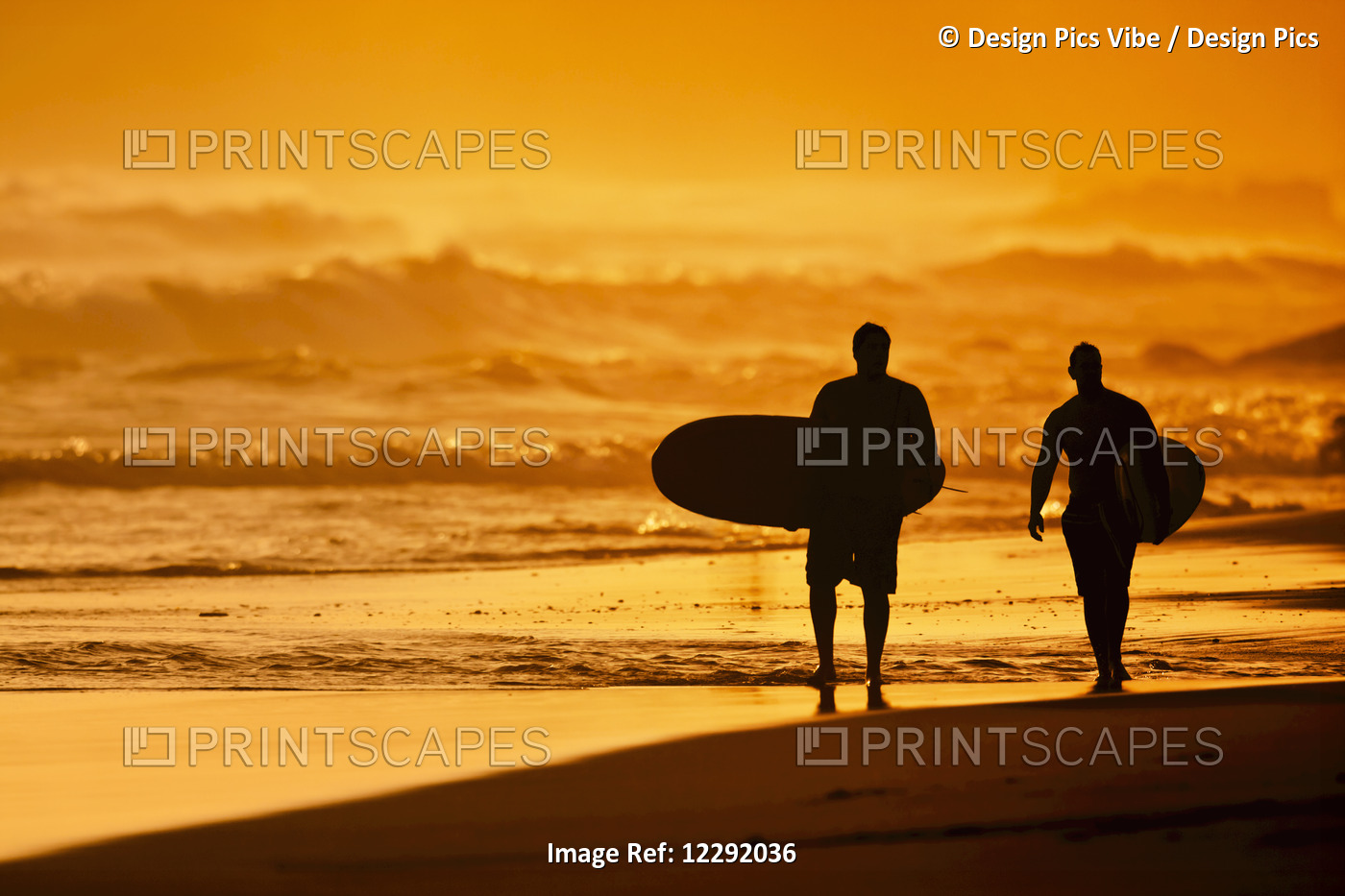 Silhouettes Of Surfers On The Beach At Sunset