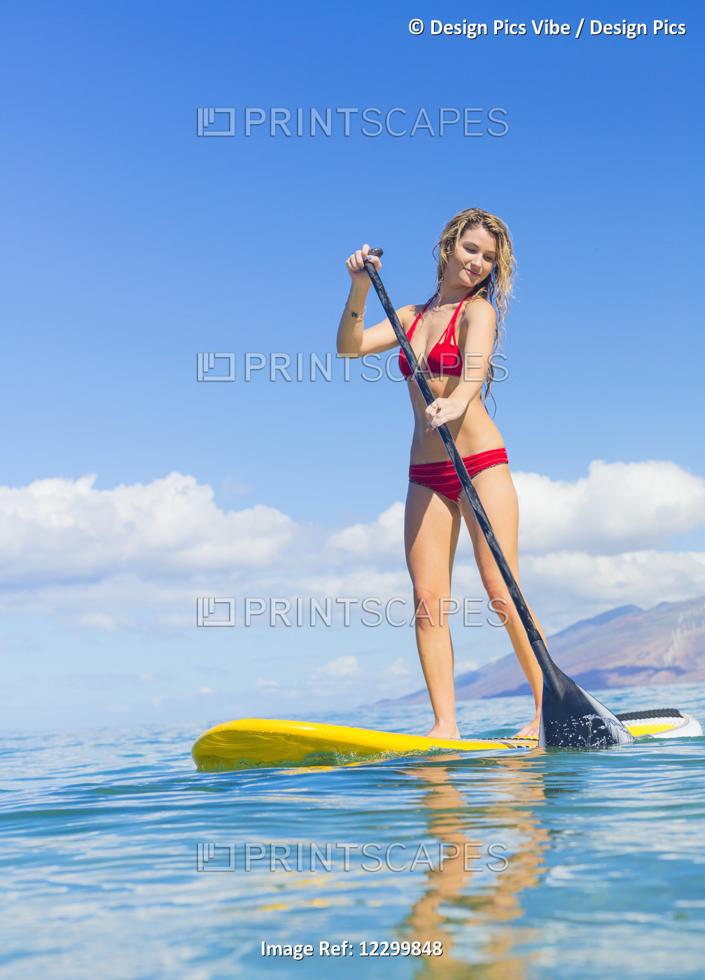 Attractive Young Woman Stand Up Paddle Surfing In Hawaii, Beautiful Tropical ...
