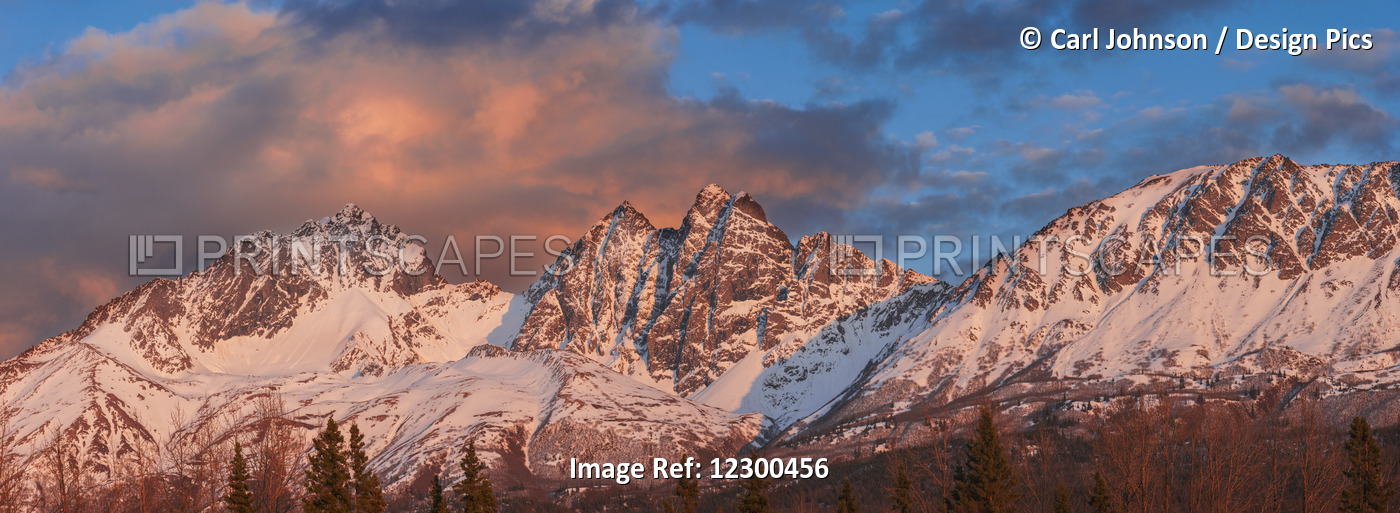 Evening Light On Twin Peaks And Pioneer Peak Of The Chugach Mountain Range, ...