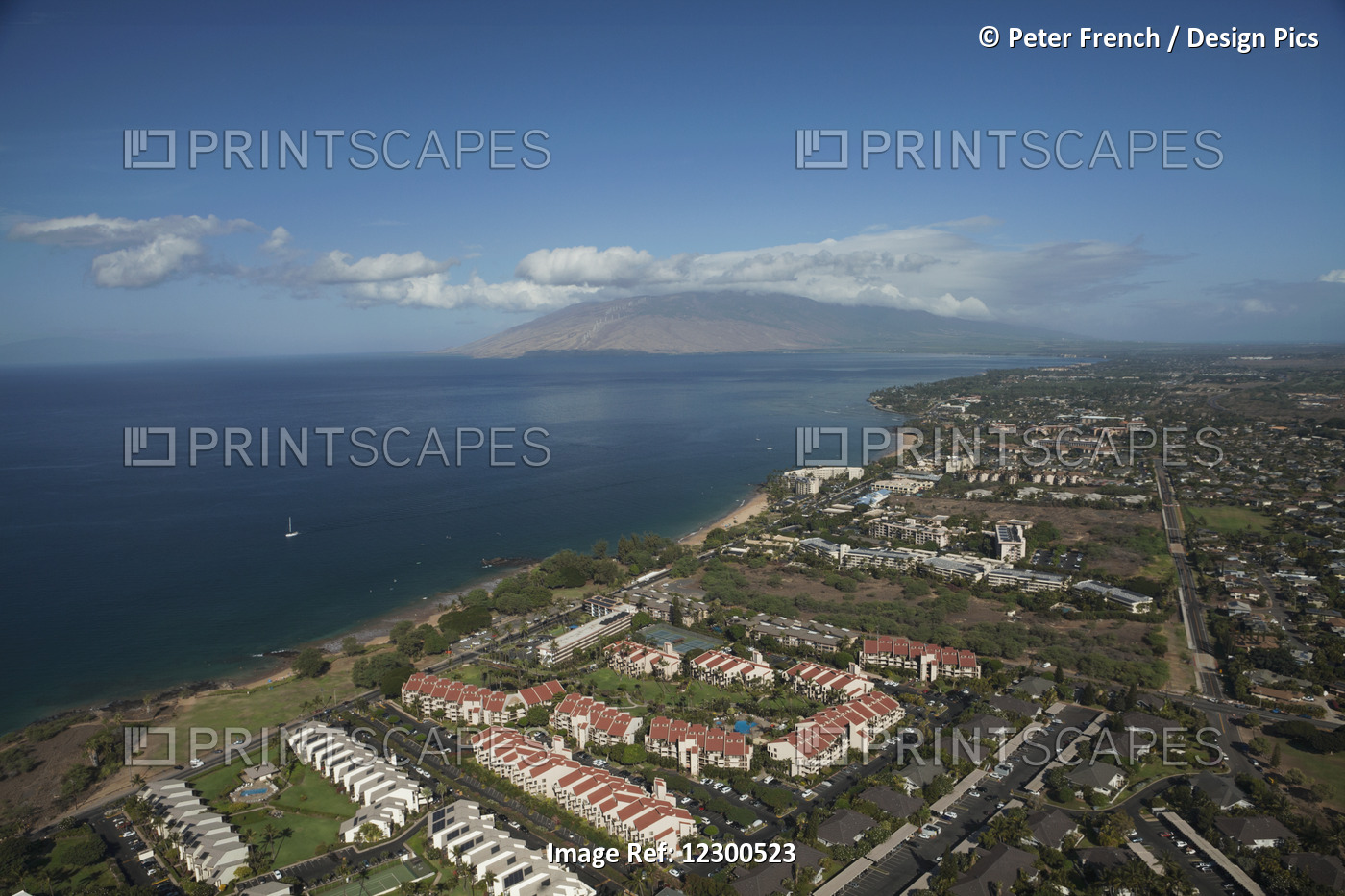 Aerial View Of Condominiums, Kihei And Wailea, A Sailboat And The West Maui ...