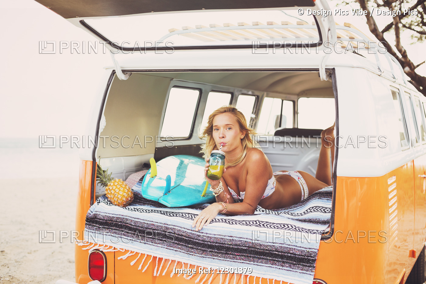 Beach Lifestyle, Beautiful Surfer Girl Relaxing In Classic Vintage Surf Van On ...