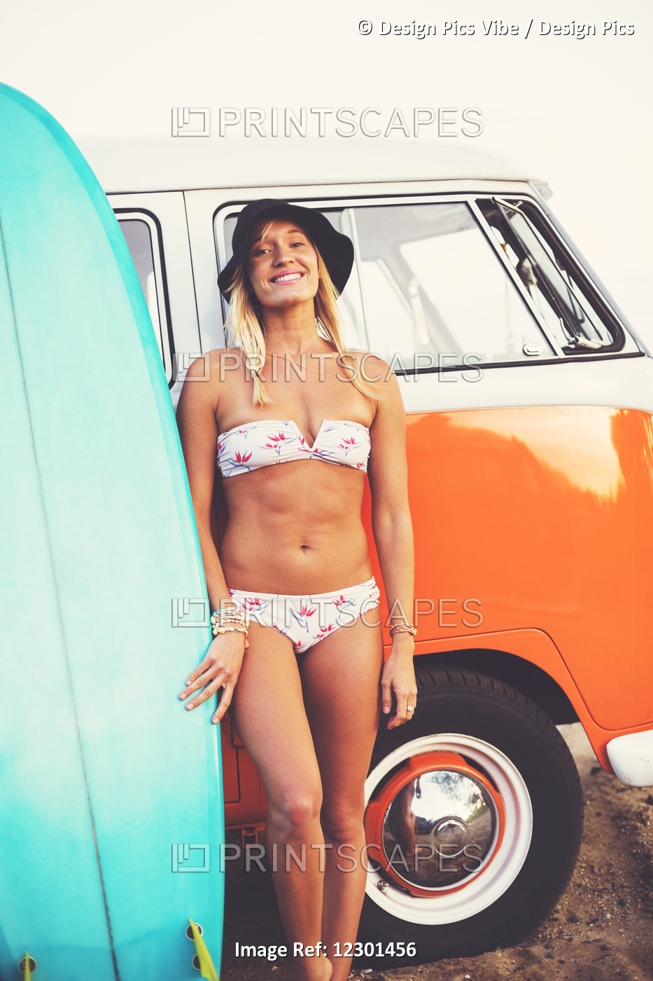 Beach Lifestyle, Beautiful Surfer Girl On The Beach At Sunset With Classic ...
