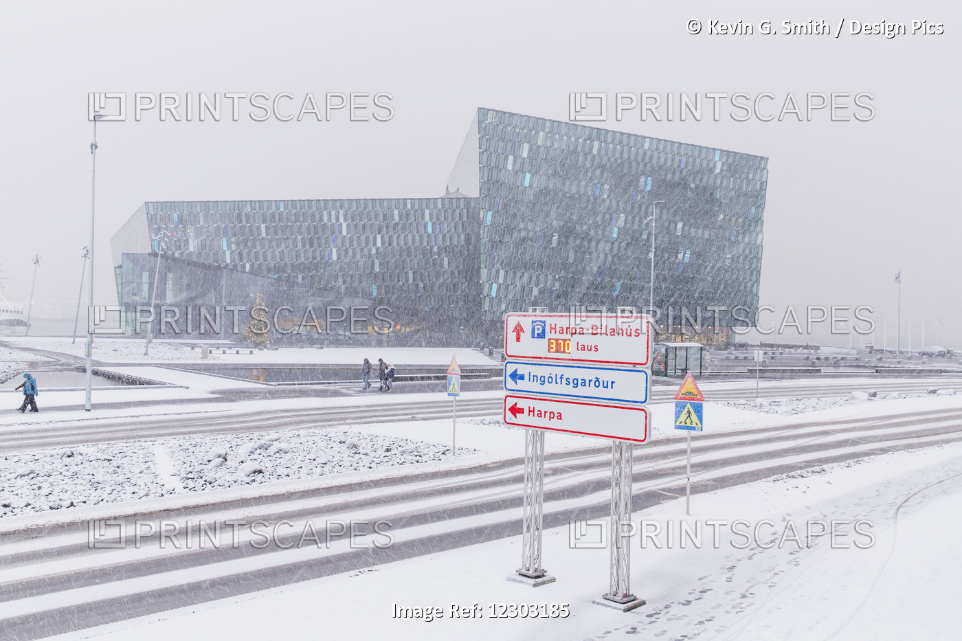 Street Scene In Front Of The Harpa Public Concert Hall During A Snow Storm, ...