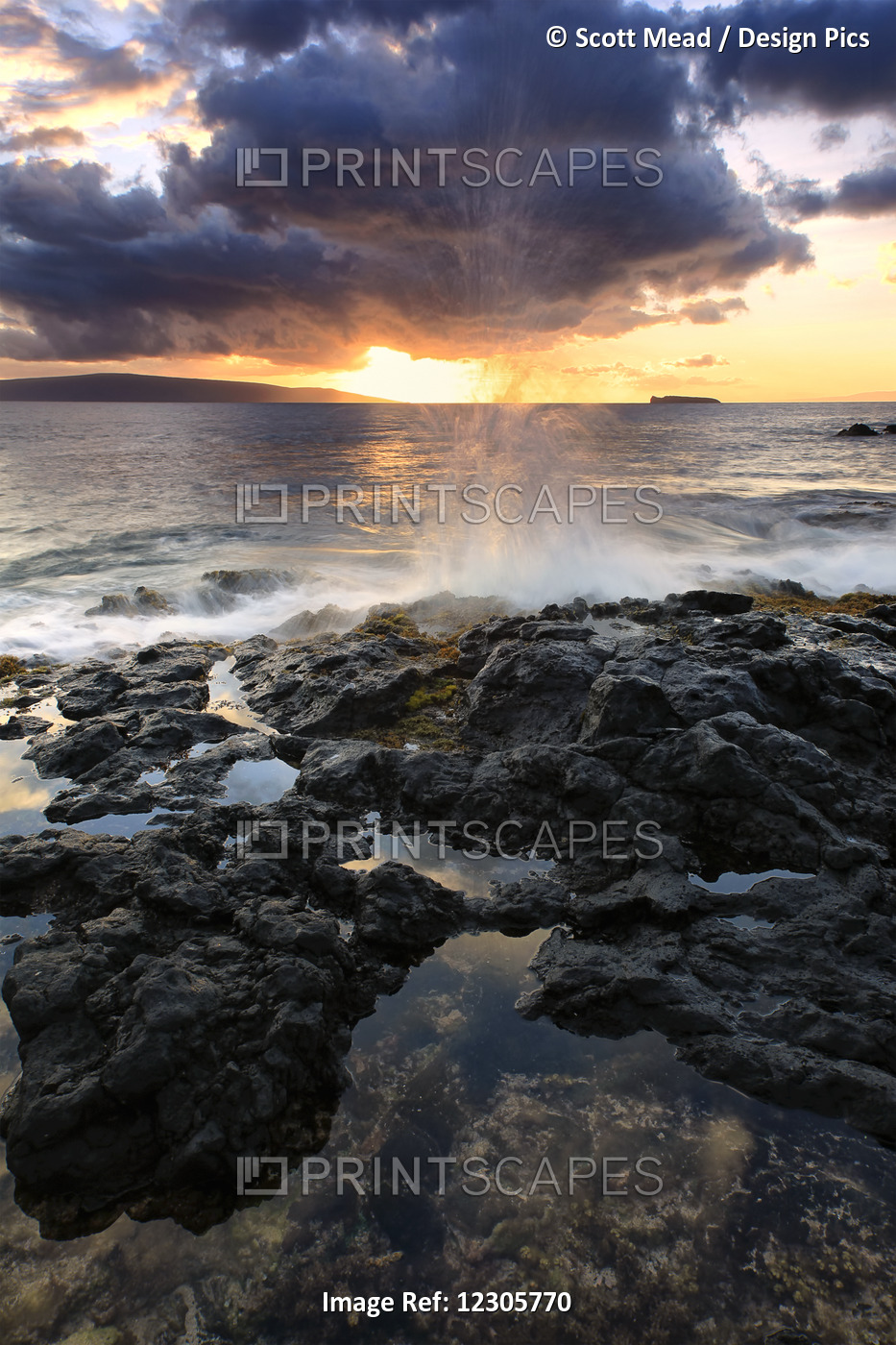Water Splashing Onto The Lava Rock Along The Coast At Sunset; Hawaii, United ...