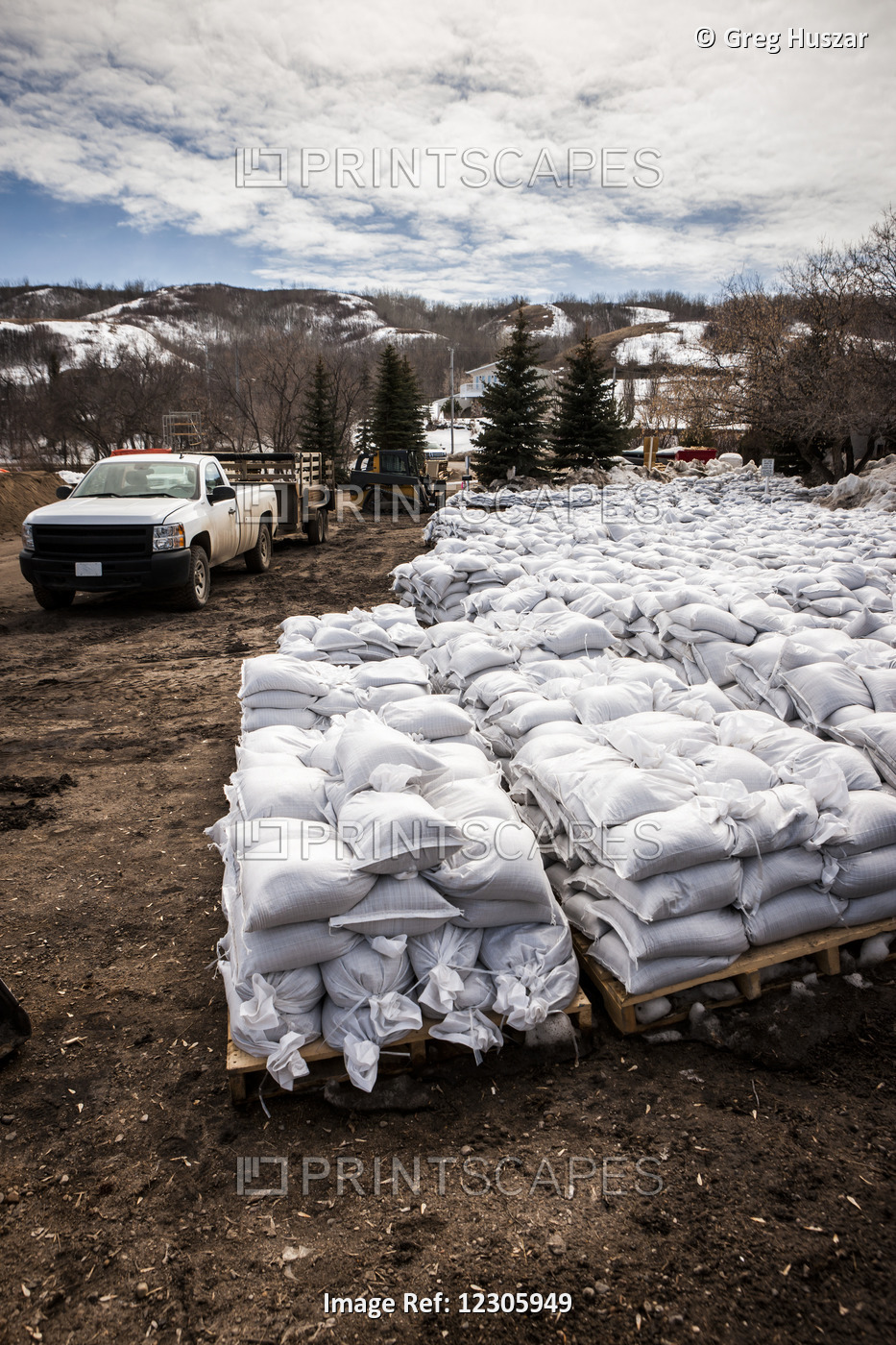 Numerous White Sand Bags Piled For Emergency Preparedness; Echo Lake, ...