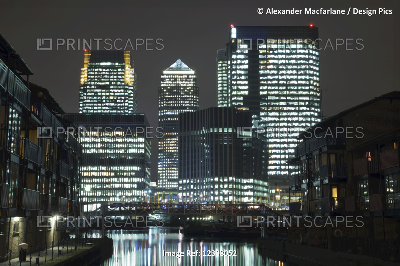 Skyscrapers Of Canry Wharf By Night; London, England