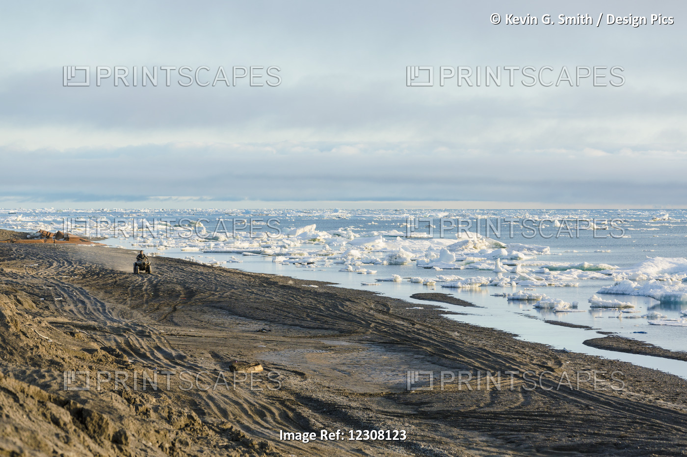 Two Native Alaskan Men Drive An Atv Down A Sand Beach Along The Arctic Ocean ...