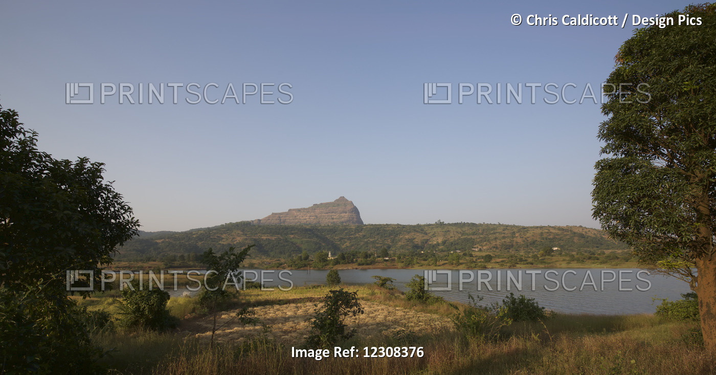 Western Ghats Landscape With Hills, Ruined Hill Forts And Lake