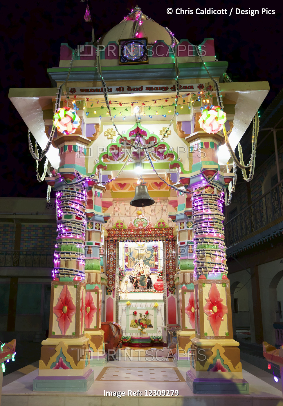 Hindu Temple Decorated With Garlands For Navaratri Dance Festival, India