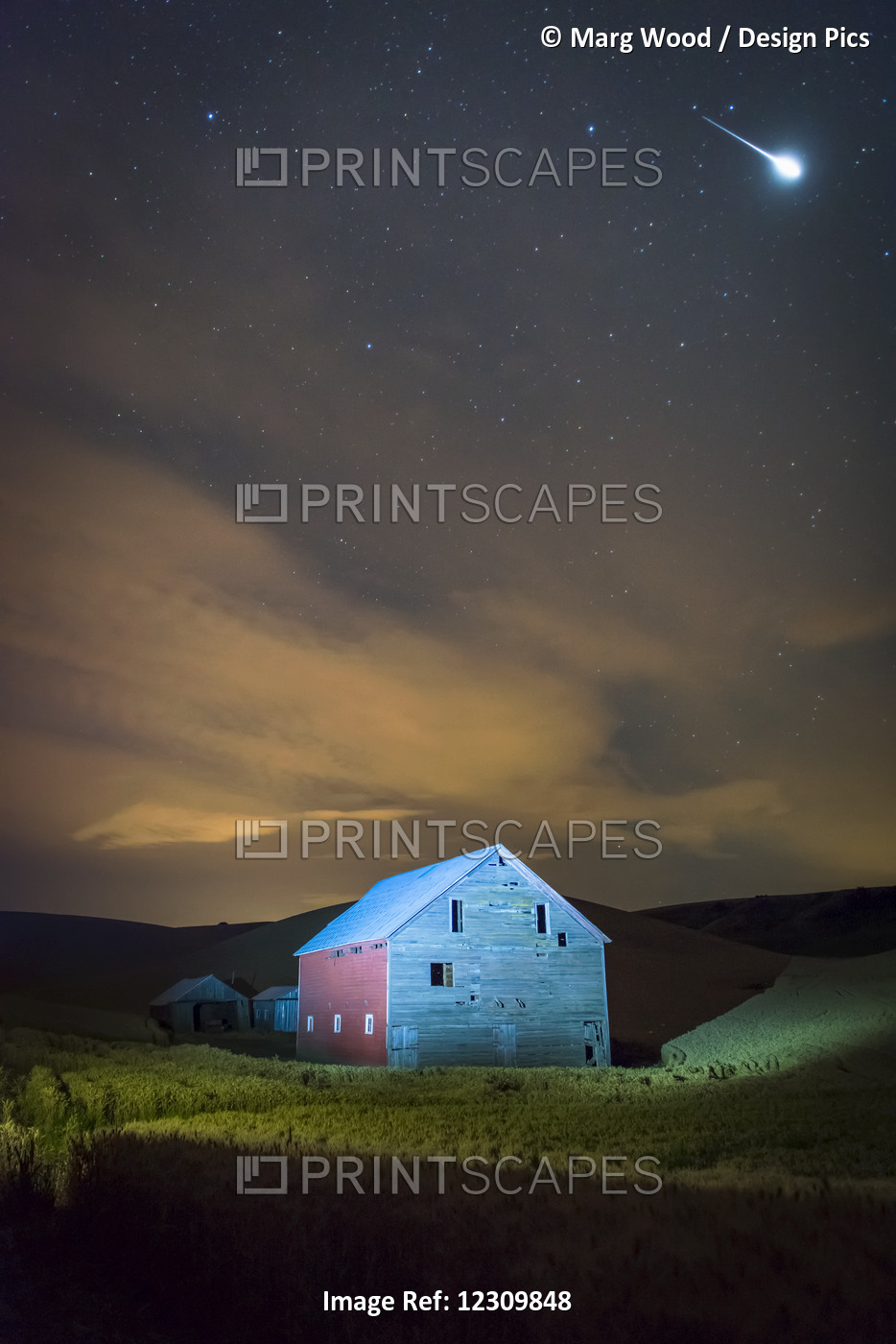 Stars And Constellations Above A Farmhouse And Barn In A Wheat Field At Night; ...