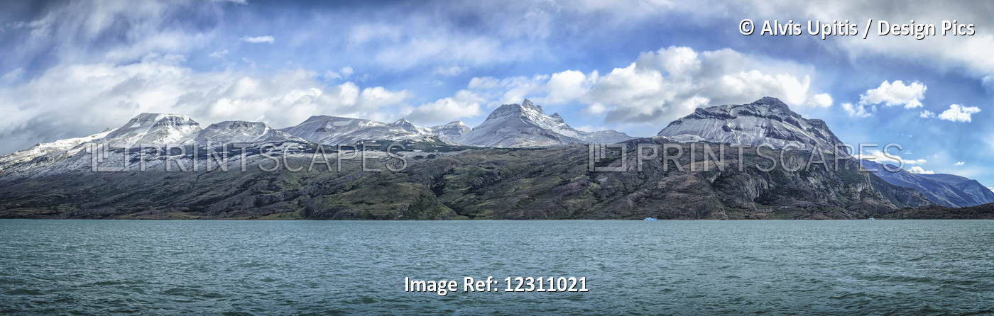 Snow Capped Mountains Off North Branch Of Lago Argentino In Patagonia; Santa ...