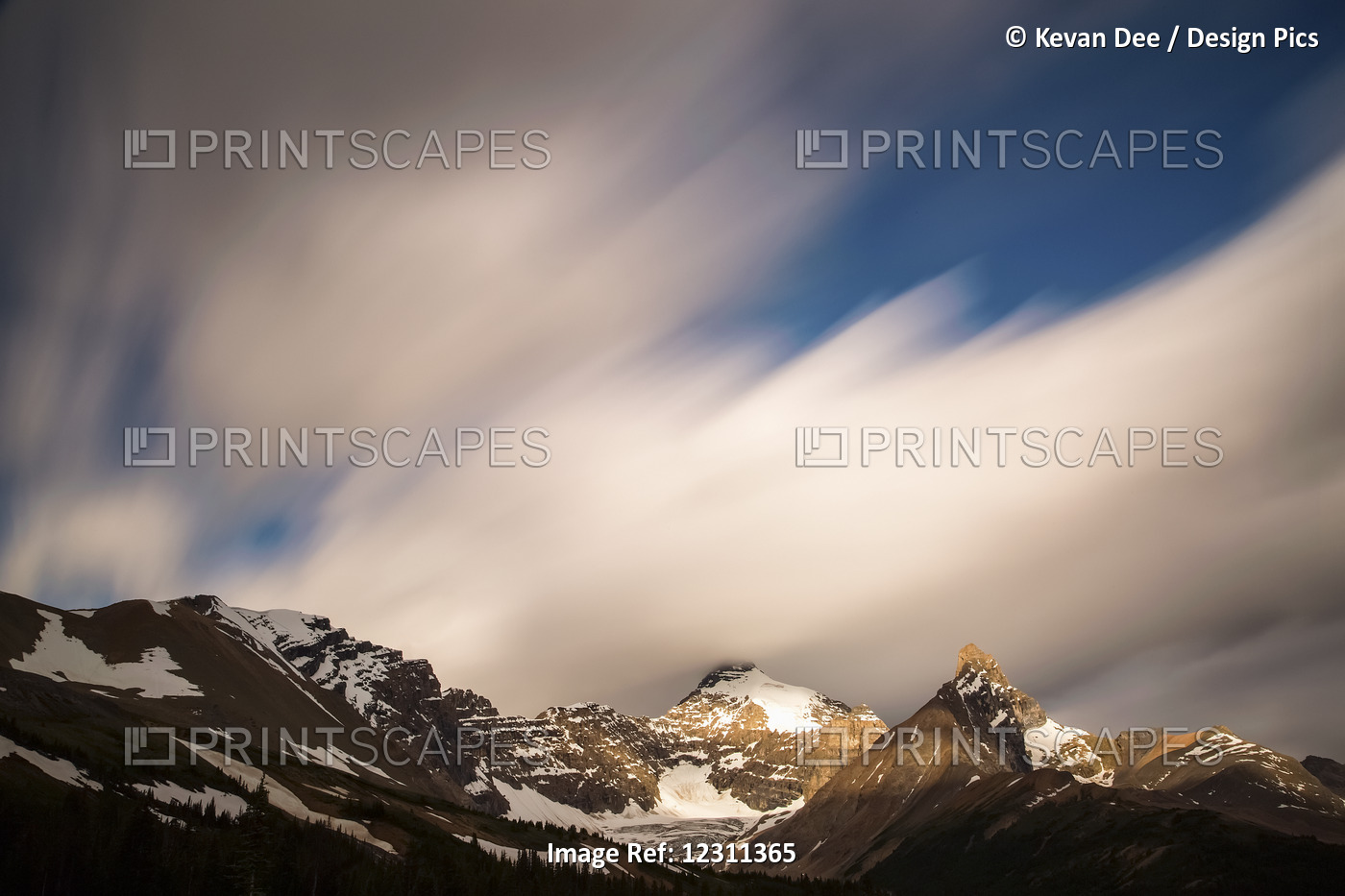 Long Exposure Of Clouds Moving Over Athabasca Mountain, Jasper National Park; ...