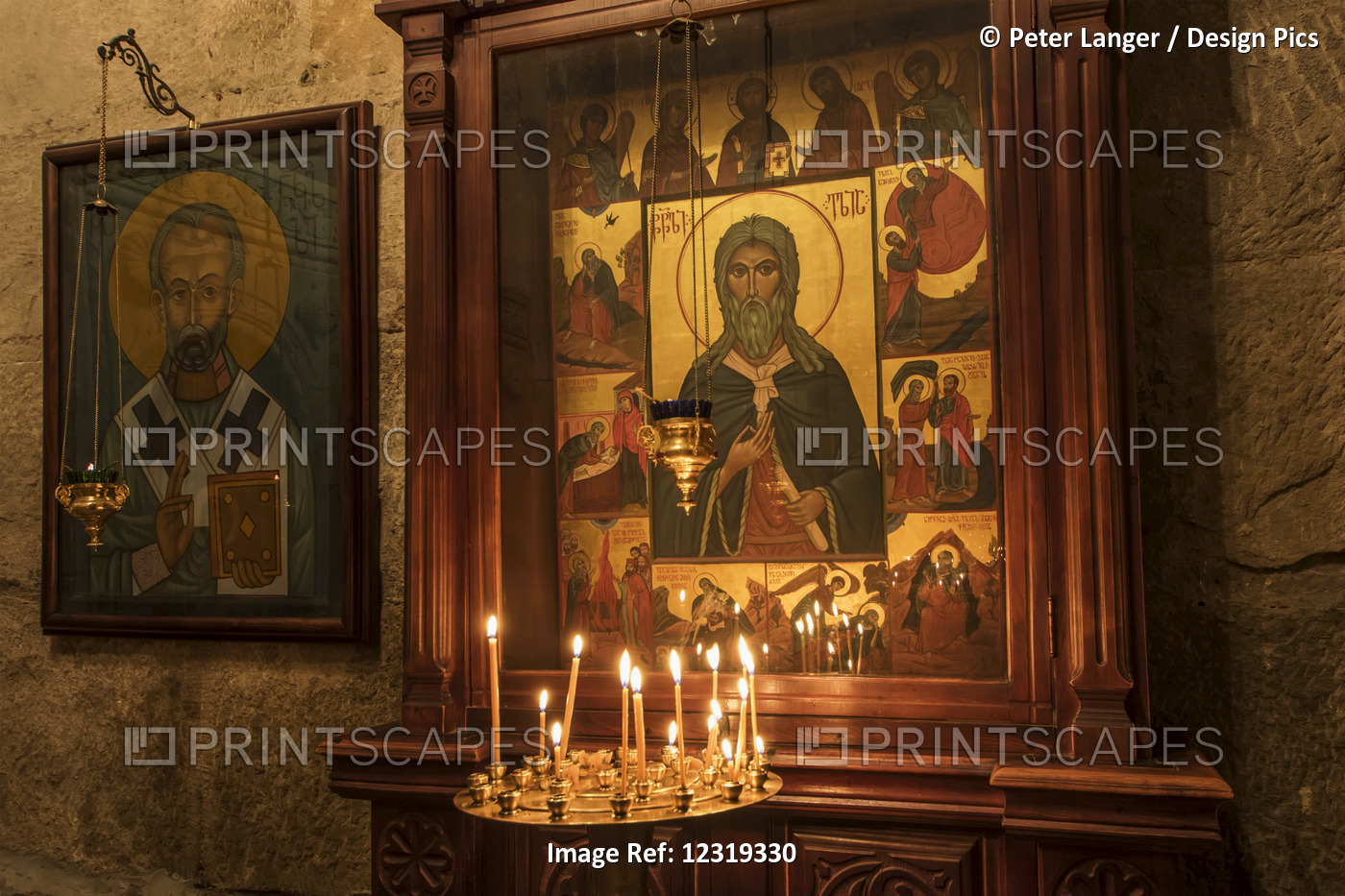 Lit Candles By A Christian Orthodox Icon In The Interior Of Svetitskhoveli ...