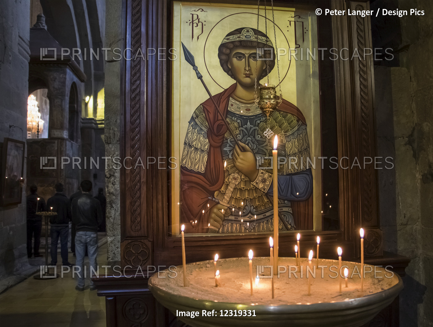 Lit Candles By A Christian Orthodox Icon In The Interior Of Svetitskhoveli ...