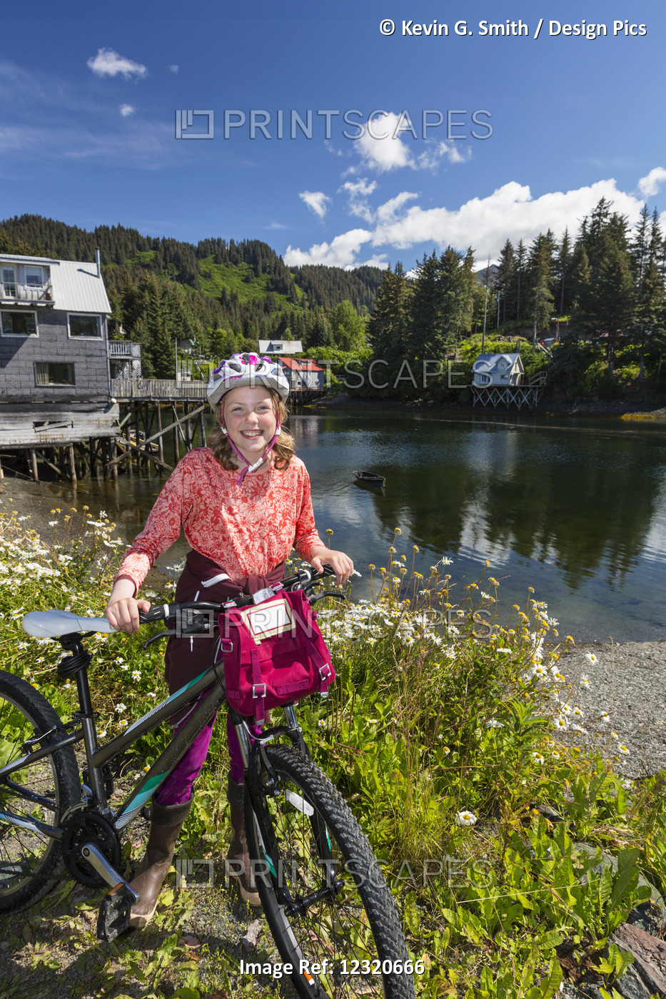 Young Girl With Her Bicycle Next To The Seldovia Slough On A Sunny Day, ...