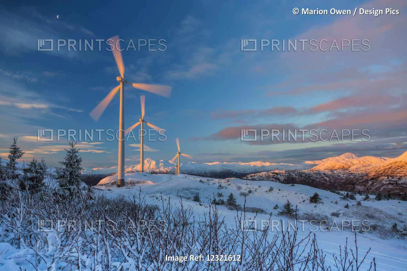 Wind Turbines And Gibbous Moon At Sunrise, Winter, Pillar Mountain; Kodiak, ...