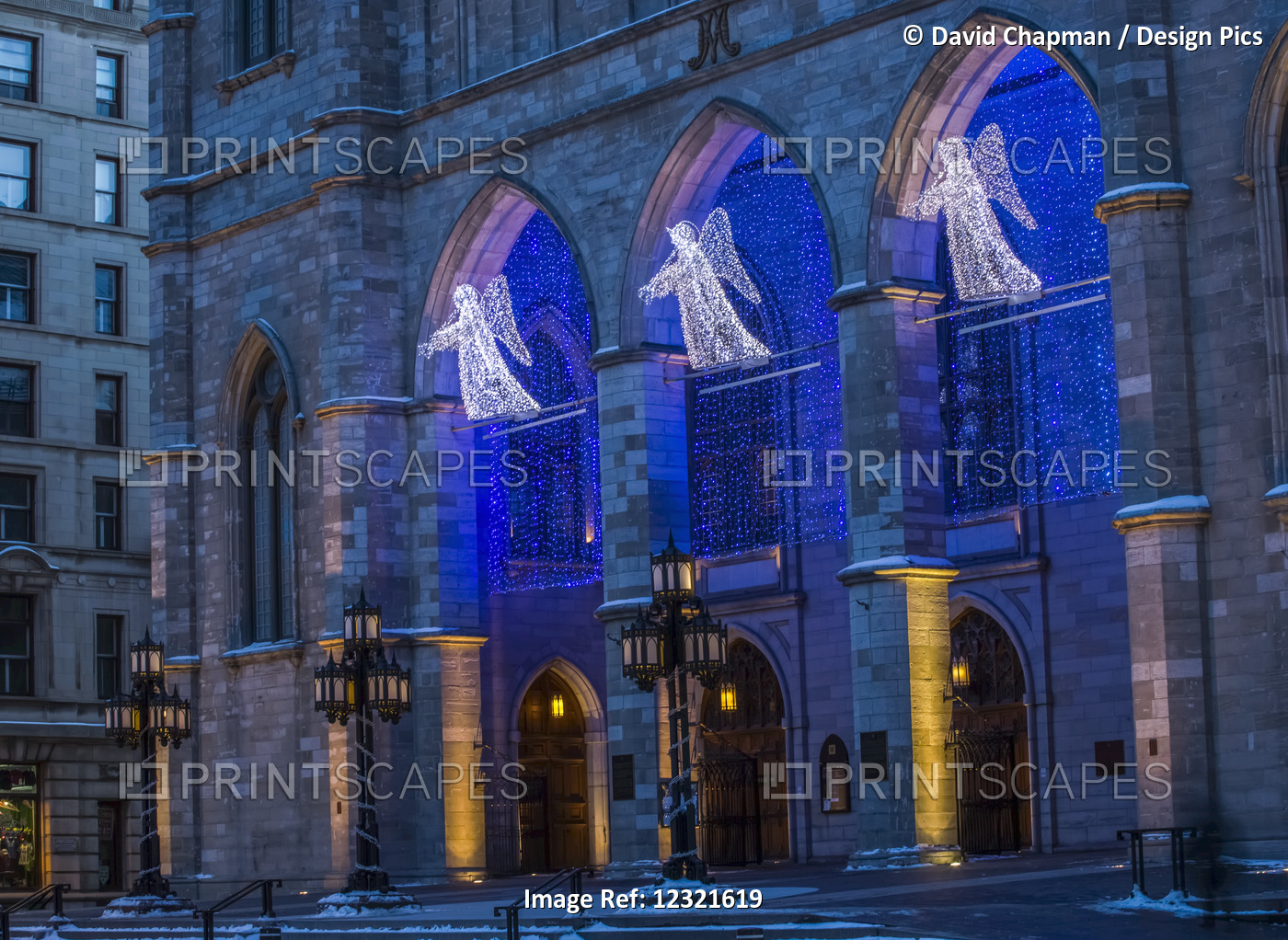 Christmas angels and blue lights at Notre Dame cathedral