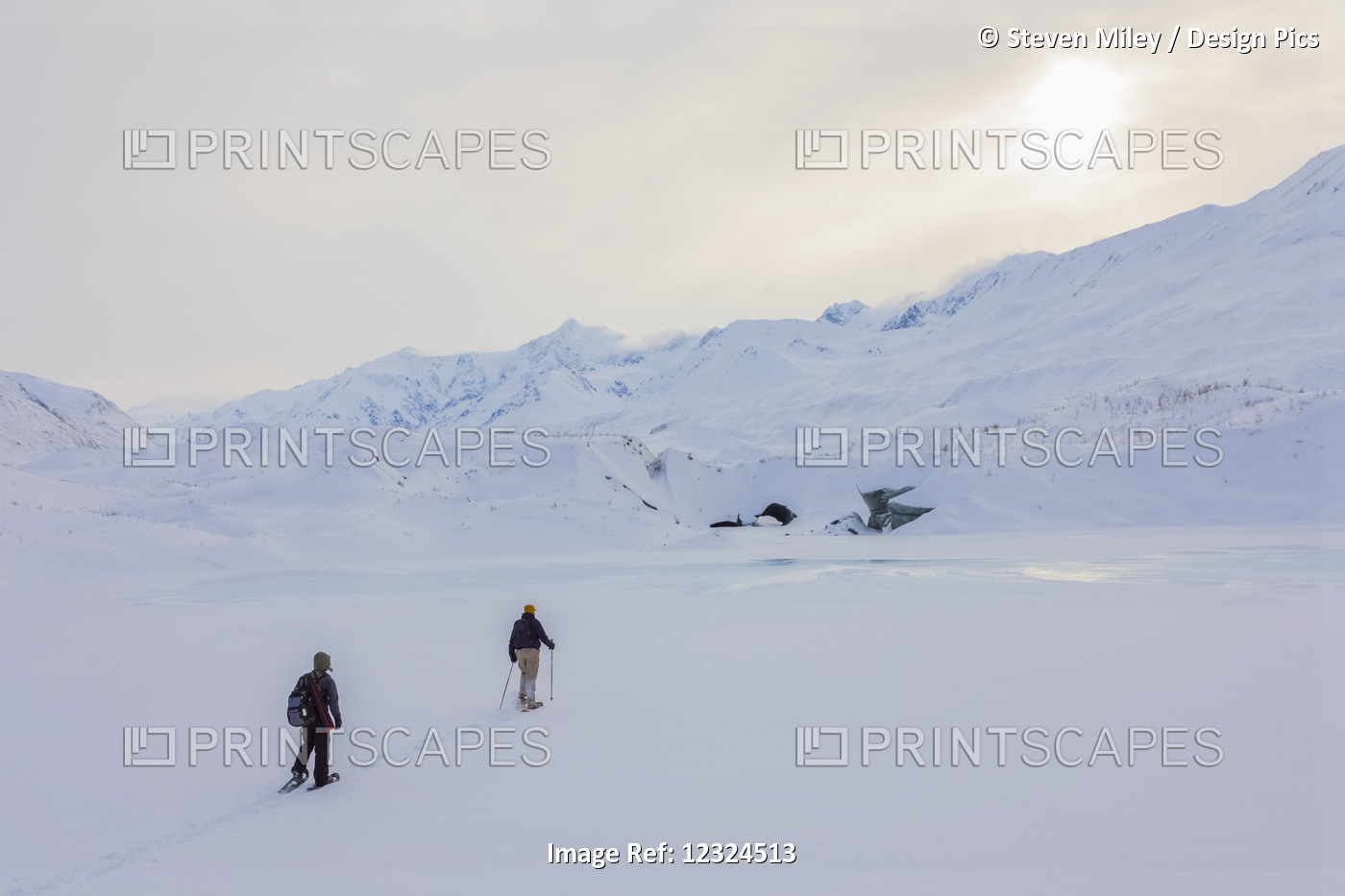 Two Snowshoers Approach Canwell Glacier In The Alaska Range On A Winter Day; ...