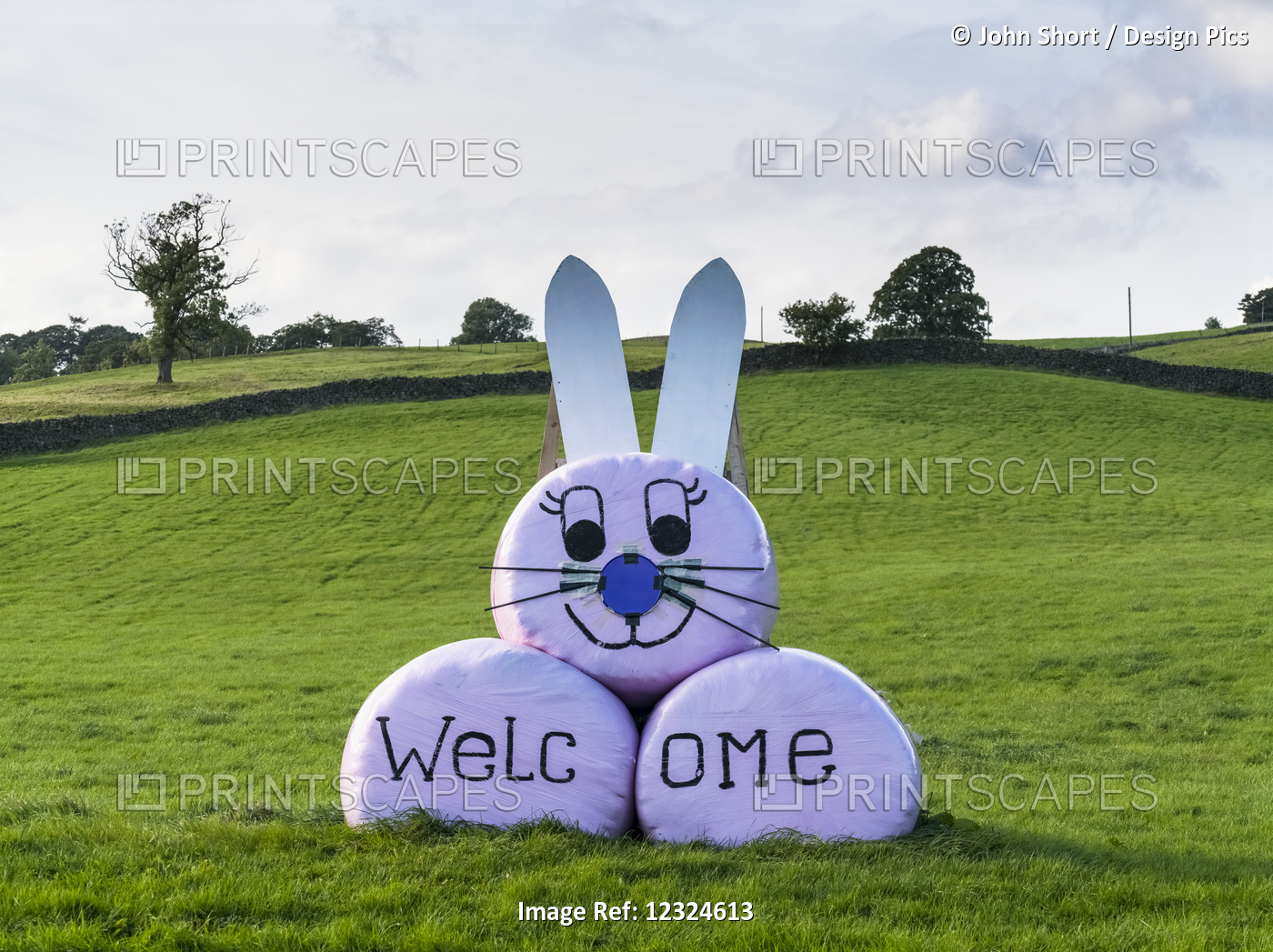 Wrapped Hay Bales Decorated At A Bunny Rabbit And Welcome Sign; Yorkshire, ...