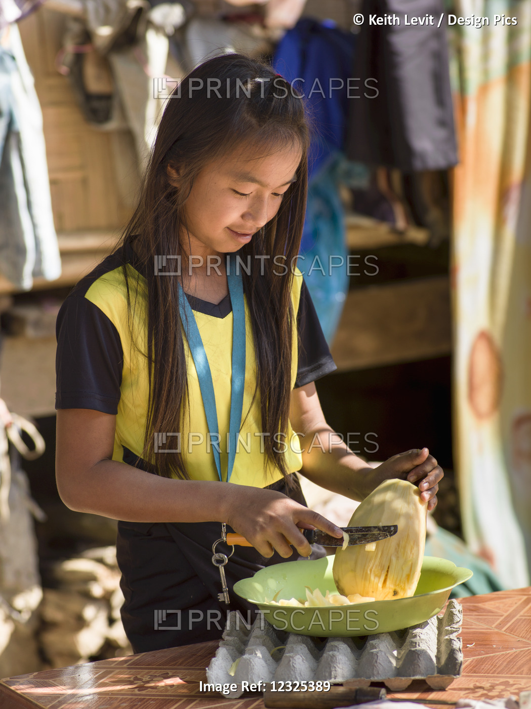 A Girl Stands Cutting A Piece Of Fruit, Kamu Village; Tambon Po, Chang Wat ...
