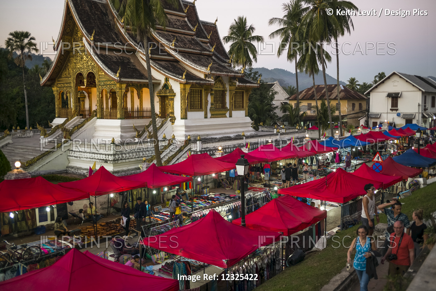 Red Tents Line The Market Area With A Buddhist Temple; Luang Prabang, Luang ...