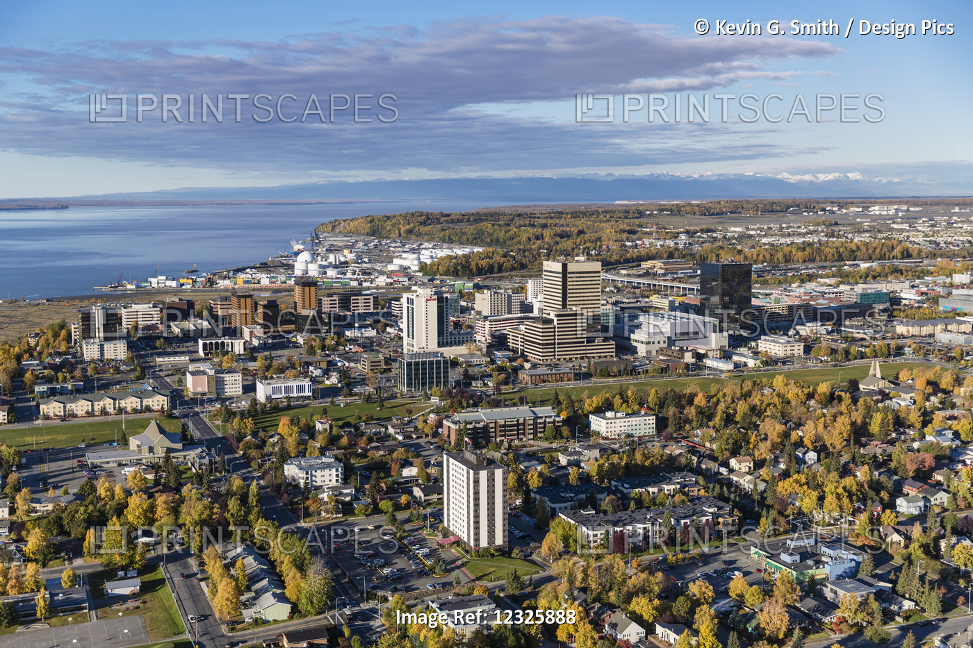 Aerial View Of Downtown Anchorage In Autumn, Southcentral Alaska, USA