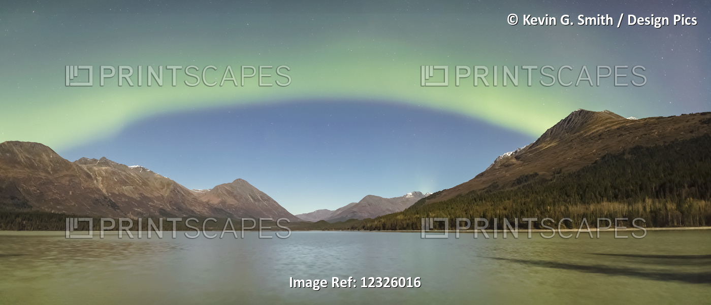 Panorama Of A Single Band Of Green Aurora Borealis Lights Up The Night On A ...