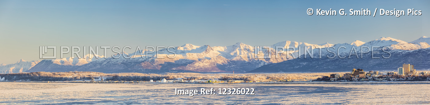 Panorama Of Downtown Anchorage And The Port Of Anchorage In Winter, Snow Capped ...