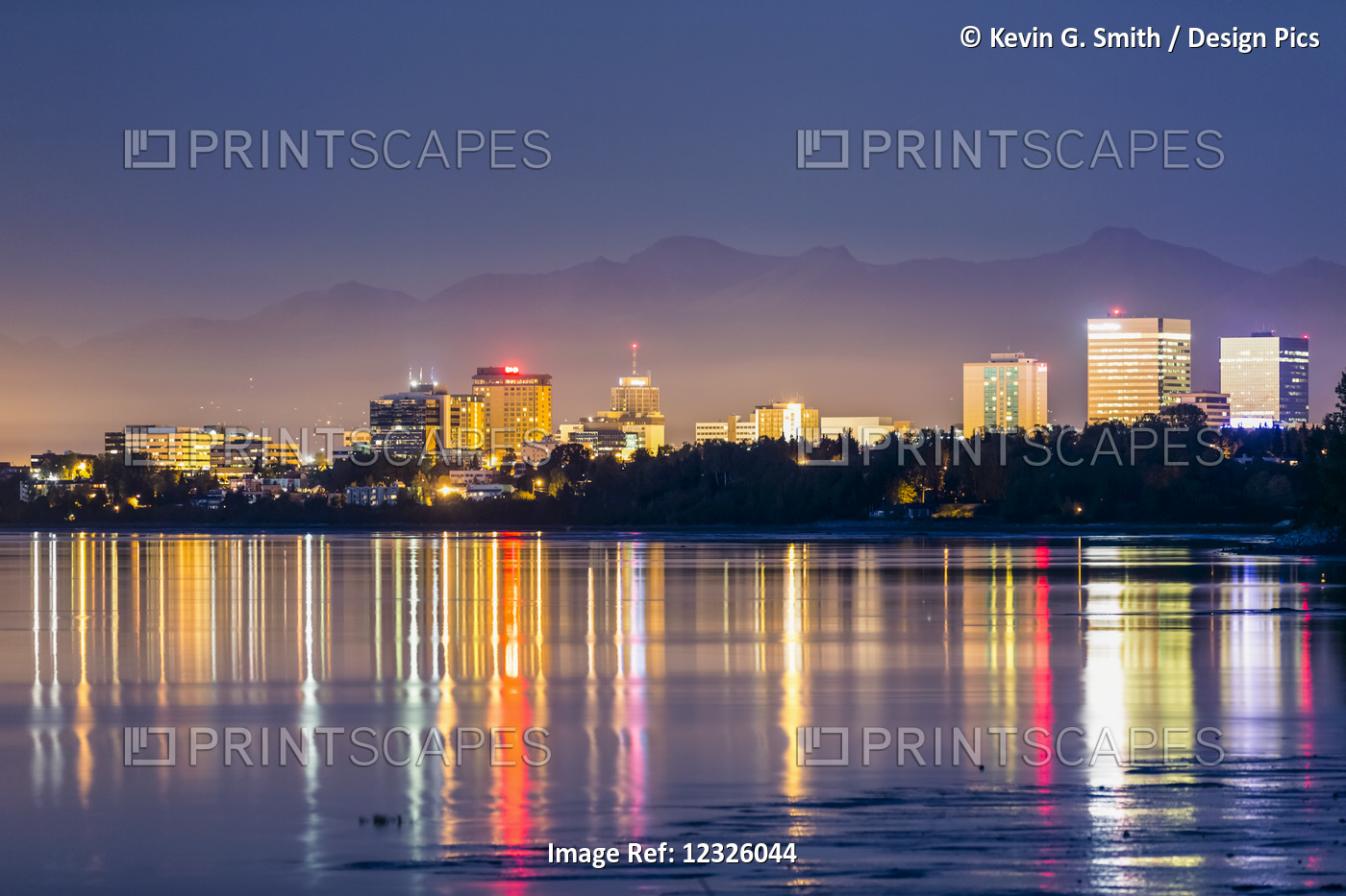 Sunset View Of Downtown Anchorage Reflecting In Cook Inlet In Autumn, ...