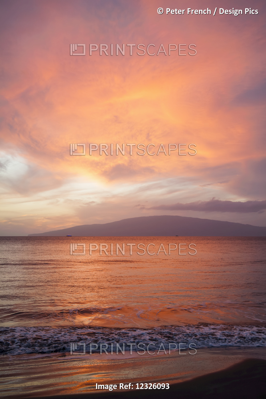 Pink, Orange And Yellow Sunset, Lanai Isle In Distance; Lahaina, Maui, Hawaii, ...