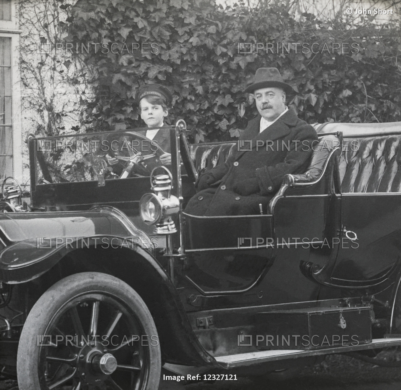 Man And Boy In Vintage Car From Magic Lantern Slide Cica 1900