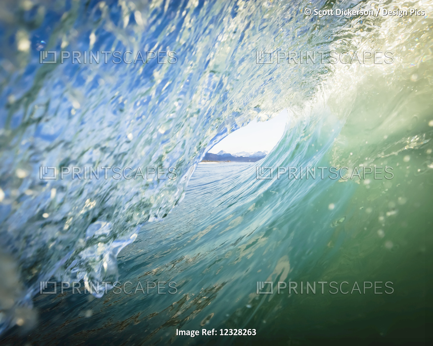 View Through The Barrel Of A Wave To The Kenai Mountains And The Coastline; ...
