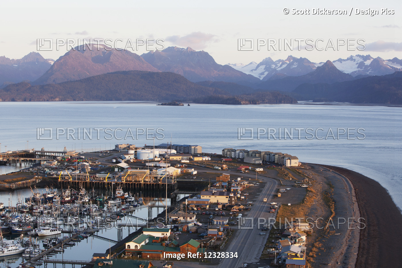 Aerial Of Homer Spit, Kenai Mountains, And Kachemak Bay State Park At Sunset, ...