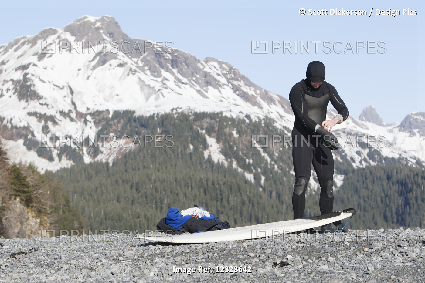 Surfer gearing up to go surfing on the Kenai Peninsula Outer Coast, ...